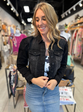 Black Puffy Sleeve Denim Jacket - White Lily Boutique