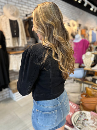 Black Puffy Sleeve Denim Jacket - White Lily Boutique