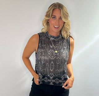 Cropped black and silver sheer tank top with sequins, diamond pattern, high neck, button back closure and side slits