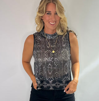 Cropped black and silver sheer tank top with sequins, diamond pattern, high neck, button back closure and side slits