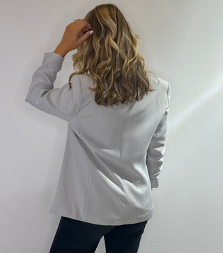 Woven open front blazer with 3/4 ruched sleeves in a classic tailored design in black and grey