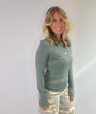 Womens long sleeve double-layer fitted t shirt in black or olive green. Made from rayon and spandex blend