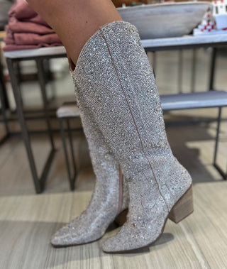 Tall Rhinestone covered boots with pointed toe and block heel, designed by Matisse for a bold, glam Western look.