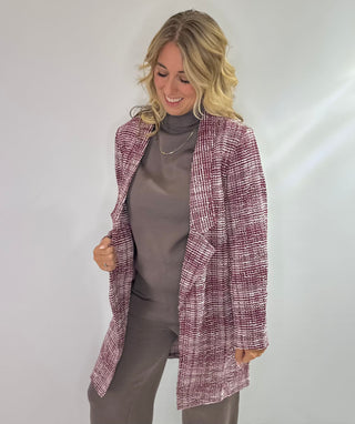 Crimson Charm tweed open-front midid blazer in burgundy and white