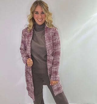 Crimson Charm tweed open-front midid blazer in burgundy and white
