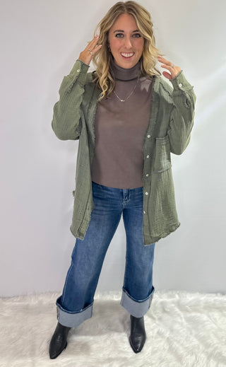 Green gauze oversized button up shirt with lightweight waffle texture, long relaxed fit perfect for layering