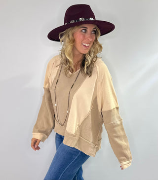 Pol Oversized knit top with notched neckline, frayed edges, french terry and thermal mix in beige or gray