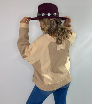 Pol Oversized knit top with notched neckline, frayed edges, french terry and thermal mix in beige or gray