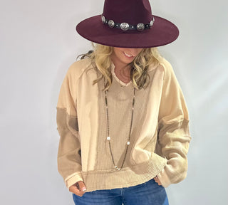 Pol Oversized knit top with notched neckline, frayed edges, french terry and thermal mix in beige or gray