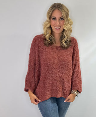 Made in Italy dolman sleeve sweater top with popcorn textured knit, in beige, chocolate brown or rust.