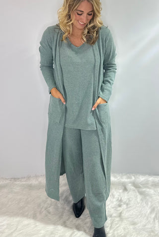 Sage Green 3-Piece waffle knit, lounge set with tank, long cardigan with pockets, and elastic waistband pants.