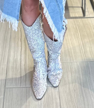 Tall Rhinestone covered boots with pointed toe and block heel, designed by Matisse for a bold, glam Western look.