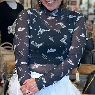 Black with white western boots and cowboy hats mesh long sleeve bodysuit