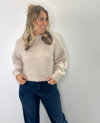 Brushed Marled cable knit cropped mock neck sweater with cozy texture and soft neutral tones.