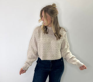 Brushed Marled cable knit cropped mock neck sweater with cozy texture and soft neutral tones.