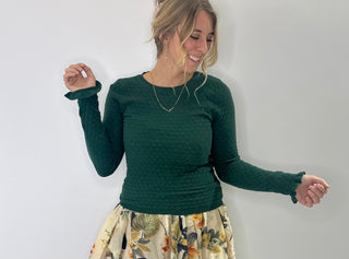 Forest Green Pointelle Knit Sweater with Feminine ruffle sleeves and soft lightweight texture