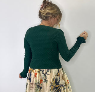 Forest Green Pointelle Knit Sweater with Feminine ruffle sleeves and soft lightweight texture