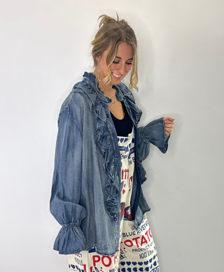 Jaded Gypsy a Ruffle in Time Top with soft ruffle detailing and relaxed boho fit, denim button up top