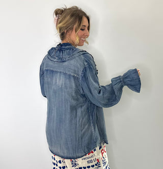Jaded Gypsy a Ruffle in Time Top with soft ruffle detailing and relaxed boho fit, denim button up top