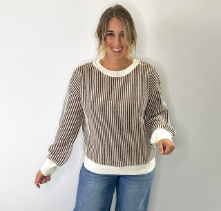 Cream and Rust striped ribbed knit sweater with balloon sleeves and relaxed fit