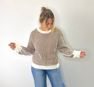 Cream and Rust striped ribbed knit sweater with balloon sleeves and relaxed fit