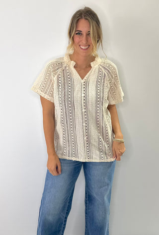 Crochet Cable Knit button front sweater cardigan with V-neckline and textured stitching