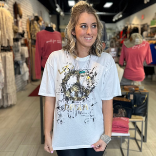 Saturday Shifts Short Sleeve T-Shirt with Graphic Peace Sign - White Lily Boutique