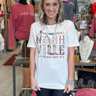 Nashville Music City Graphic Tee in cream with brown text Tennessee