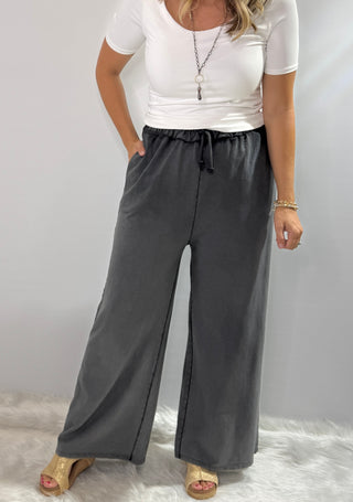Gray Cotton foil pants with elastic drawstring waistband, wide legs and side pockets, relaxed fit one size fits most