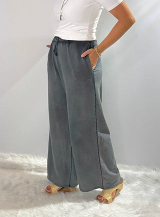 Gray Cotton foil pants with elastic drawstring waistband, wide legs and side pockets, relaxed fit one size fits most