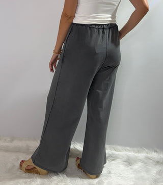 Gray Cotton foil pants with elastic drawstring waistband, wide legs and side pockets, relaxed fit one size fits most