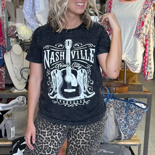 Nashville Music city black washed graphic t-shirt with white guitar design