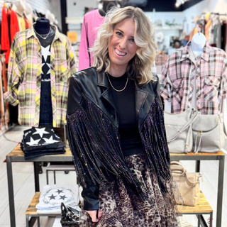 black faux leather jacket with rhinestone studded fringe