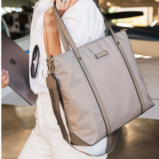 Beige Gray Nora Tote Bag by Louenhide. Perfect classic work to everyday tote bag with handles and shoulder strap