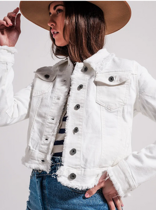 Raw Edge Denim Jacket Bodycon Fit Skinny Casual Stretch Jacket White Denim Jacket, Honky Tonk Chic- White Lily Boutique