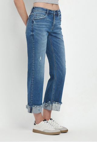 Flying Monkey Mid Rise Raw Cuffed Hem Slim Wide Jeans