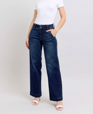Judy Blue dark wash trouser jeans with wide-leg fit, front and back pockets, and mid-rise waist.