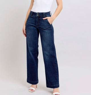 Judy Blue dark wash trouser jeans with wide-leg fit, front and back pockets, and mid-rise waist.