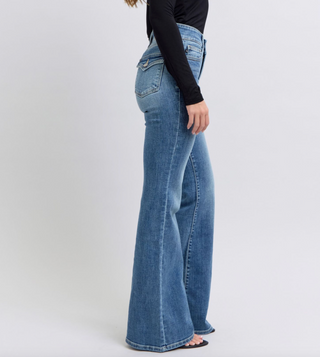 Judy Blue high-waist medium wash flare jeans with non-distressed finish and back button-close flap pockets