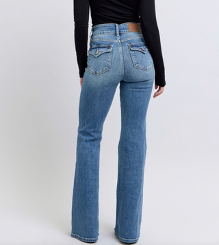 Judy Blue high-waist medium wash flare jeans with non-distressed finish and back button-close flap pockets