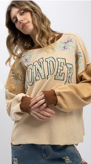 Oversized color block sweatshirt with flower embroidery and patchwork details by Blue Velvet