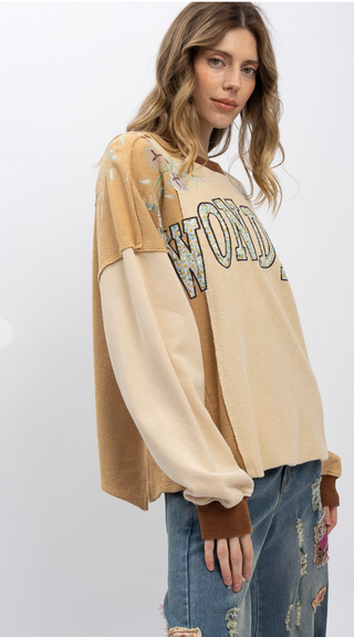 Oversized color block sweatshirt with flower embroidery and patchwork details by Blue Velvet
