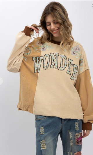Oversized color block sweatshirt with flower embroidery and patchwork details by Blue Velvet