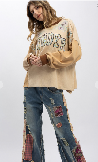 Oversized color block sweatshirt with flower embroidery and patchwork details by Blue Velvet