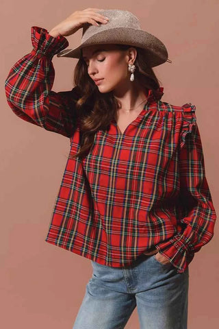SO ME Christmas Checkered Plaid Smocked Blouse