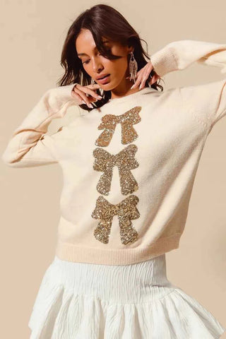 SO ME Sequins Bow Ribbon Embellished Christmas Sweater