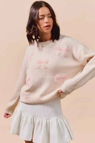 SO ME Embroidered Ribbon Round Neck Sweater