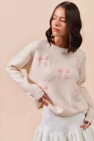 SO ME Embroidered Ribbon Round Neck Sweater