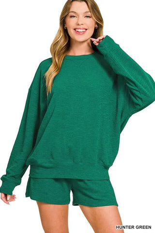 Zenana Slub Long Sleeve Top and Shorts Set with relaxed fit in a kelly green