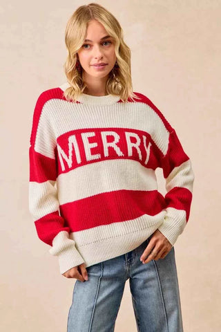 BiBi Christmas Merry Lettering Sweater Red and White Stripe